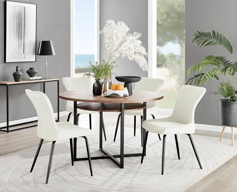 FurnitureboxUK Adley Brown Wood Storage Dining Table & 4 Nora Black Leg Chairs in Cream - Cream
