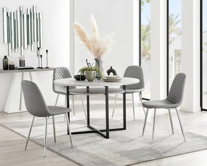 FurnitureboxUK Adley Grey Concrete Effect Round Dining Table & 4 Corona Silver Chairs - Grey