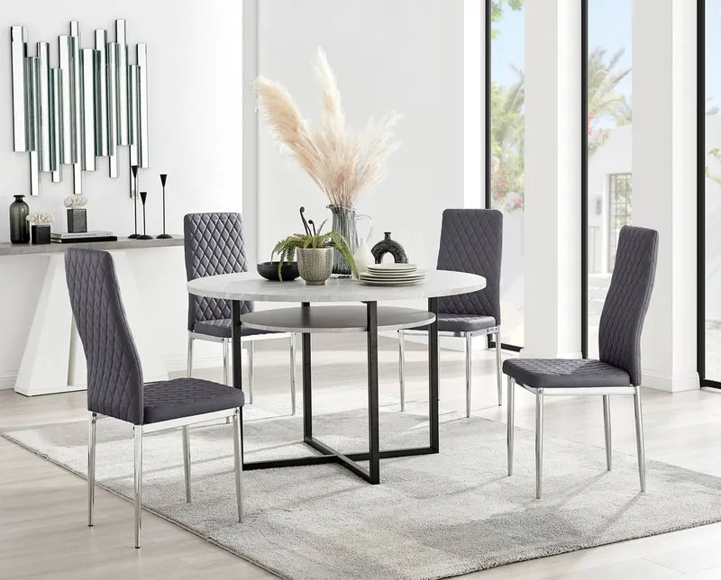 FurnitureboxUK Adley Grey Concrete Effect Round Dining Table & 4 Velvet Milan Chairs - Grey