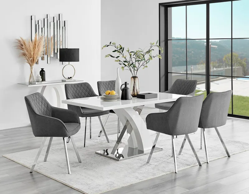 FurnitureboxUK Atlanta 6 White Dining Table & 6 Falun Silver Leg Chairs in Dark Grey - Dark Grey