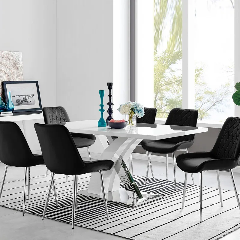 FurnitureboxUK Atlanta 6 White Dining Table & 6 Pesaro Silver Leg Chairs in Black Black