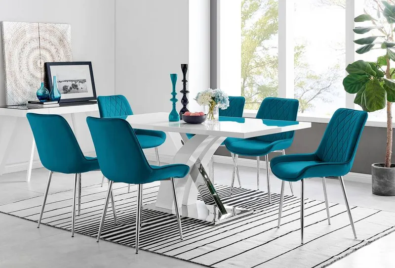 FurnitureboxUK Atlanta 6 White Dining Table & 6 Pesaro Silver Leg Chairs in Blue Blue