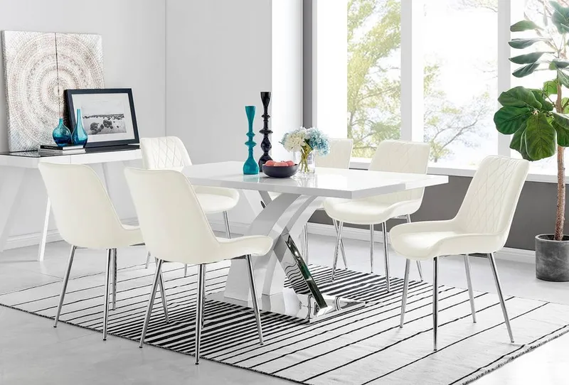 FurnitureboxUK Atlanta 6 White Dining Table & 6 Pesaro Silver Leg Chairs in Cream Cream