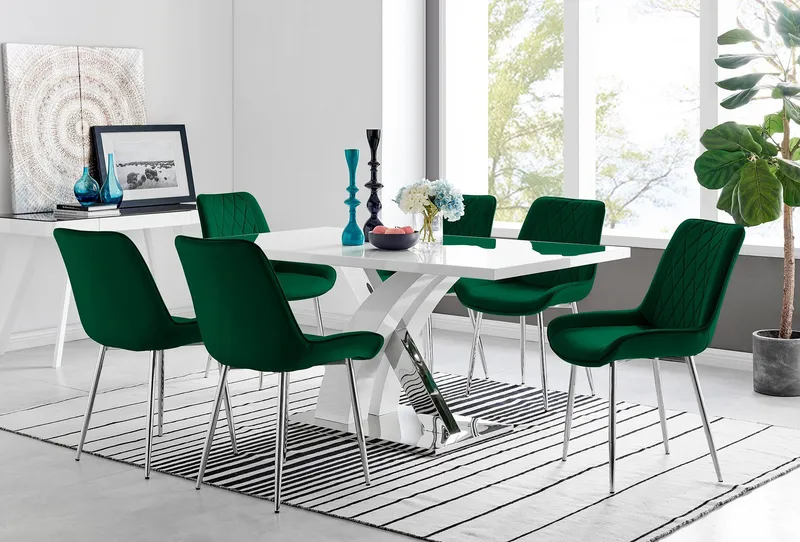 FurnitureboxUK Atlanta 6 White Dining Table & 6 Pesaro Silver Leg Chairs in Green Green