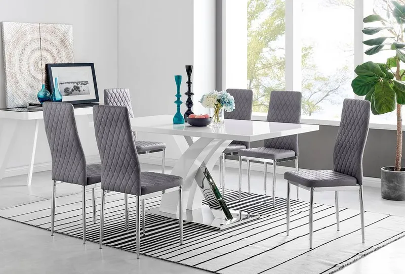 FurnitureboxUK Unisex Atlanta 6 White Dining Table & 6 Velvet Milan Chairs in Grey Grey One Size female