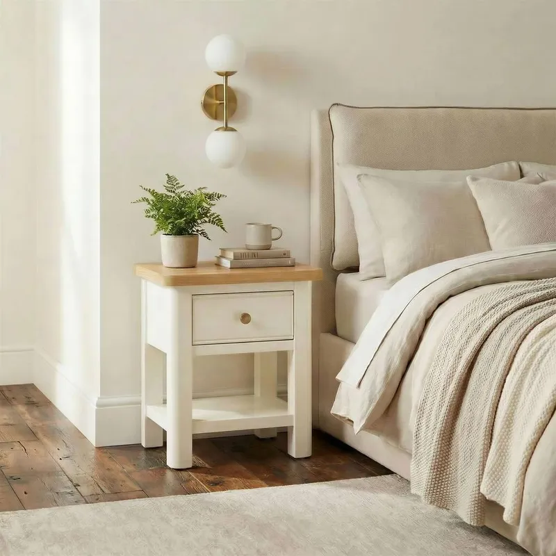 FurnitureboxUK Belle Solid Oak Wood & Cream Bedside Table Cream