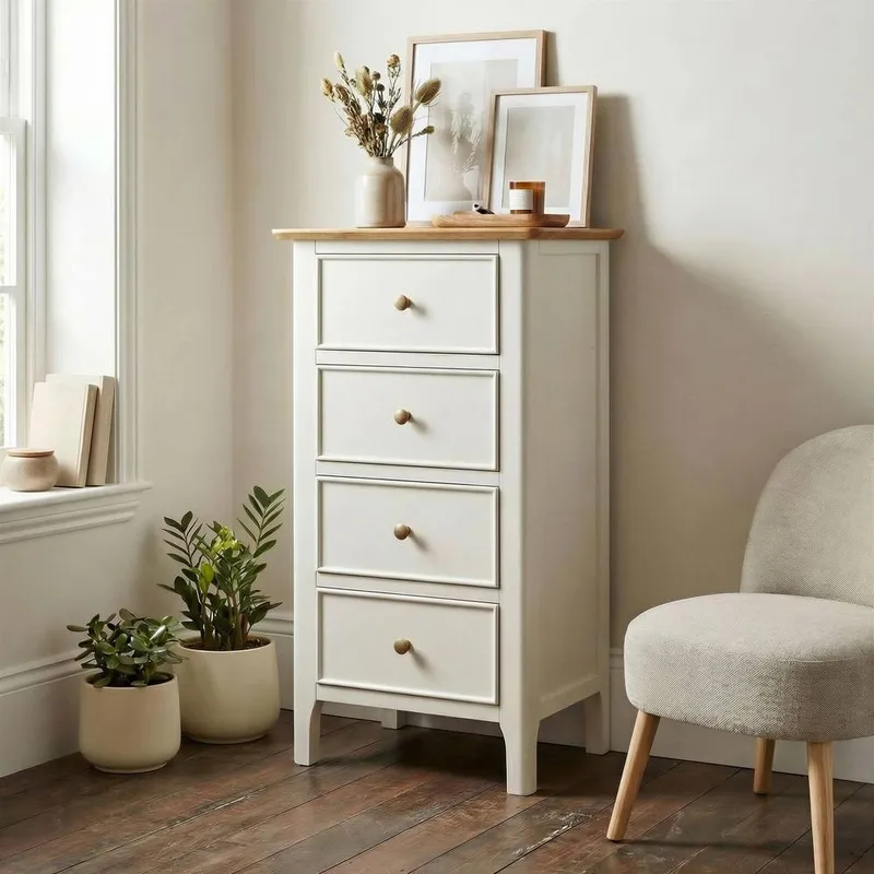 FurnitureboxUK Belle Oak Wood & Cream Tallboy Chest of Drawers - Cream