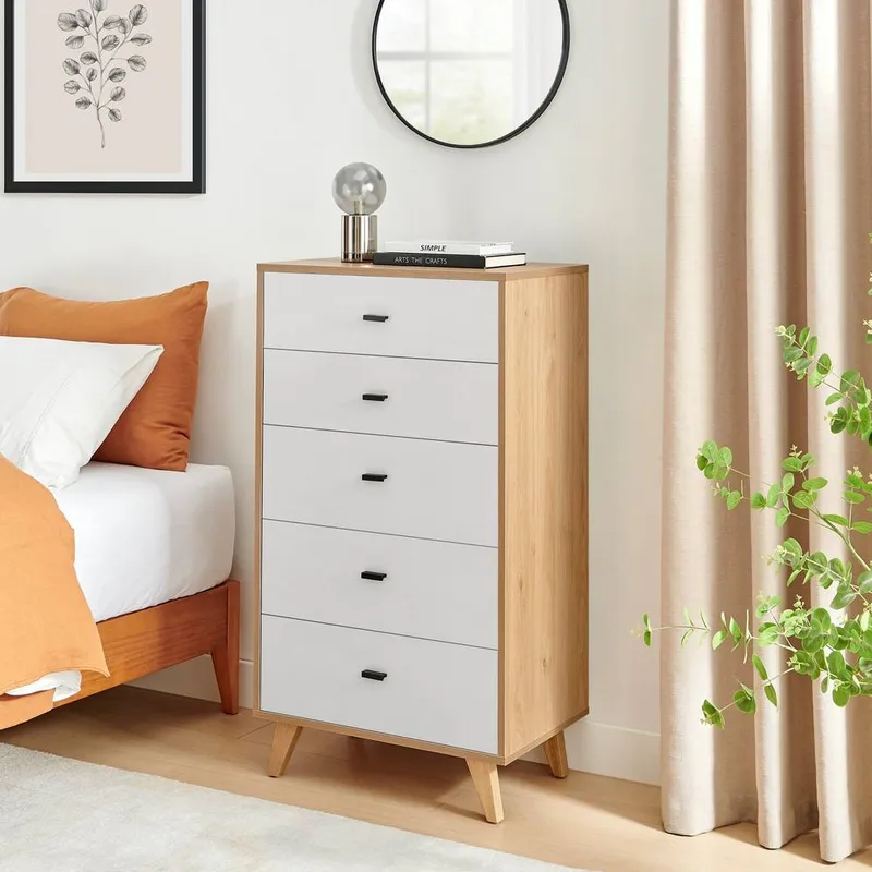 FurnitureboxUK Unisex Bisset Off-White & Wood Effect Chest of 5 Drawers in White Off White female