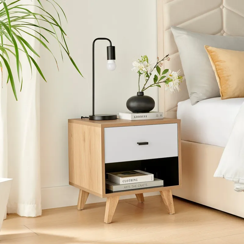 FurnitureboxUK Bisset Off-White & Wood Effect Storage Bedside Table in Off White - Off White