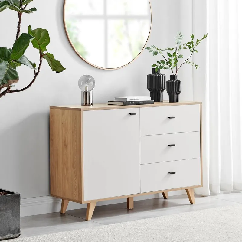 FurnitureboxUK Bisset Off-White & Wood Effect Storage Sideboard Size: Medium Off-White Medium