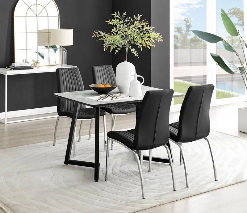 FurnitureboxUK Carson White Marble Effect Dining Table & 4 Isco Chairs in Black Black