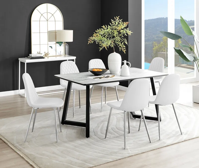 FurnitureboxUK Carson White Marble Effect Dining Table & 6 Corona Silver Chairs - White