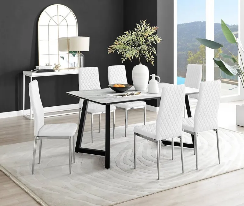 FurnitureboxUK Carson White Marble Effect Dining Table & 6 Milan Chrome Leg Chairs White