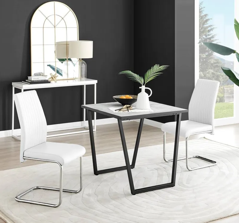 FurnitureboxUK Carson White Marble Effect Square Dining Table & 2 Faux Leather Lorenzo Chairs White