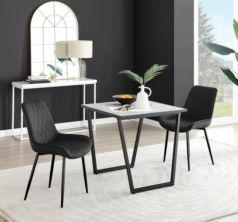 FurnitureboxUK Carson White Marble Effect Square Dining Table & 2 Velvet Pesaro Black Leg Chairs Black