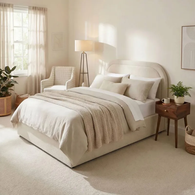 FurnitureboxUK Freja Beige Boucle Fabric Ottoman Double Bed Frame Size: King Beige King