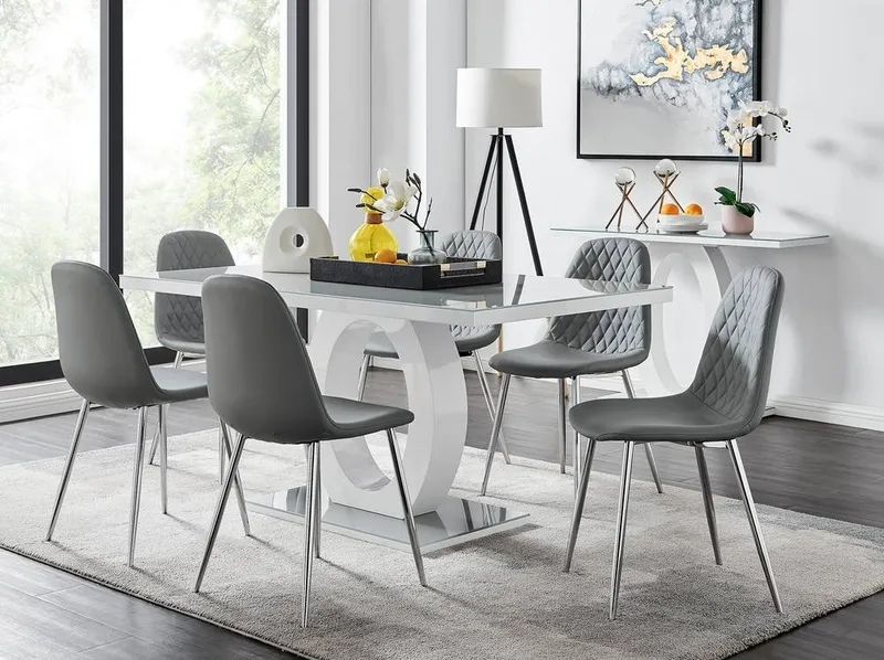 FurnitureboxUK Giovani 6-Seater Grey Glass Dining Table & 6 Corona Faux Leather Dining Chairs - Grey