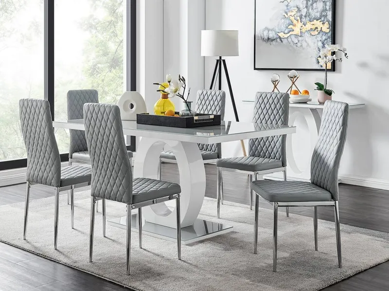 FurnitureboxUK Giovani 6-Seater Grey Glass Dining Table & 6 Milan Faux Leather Dining Chairs Grey