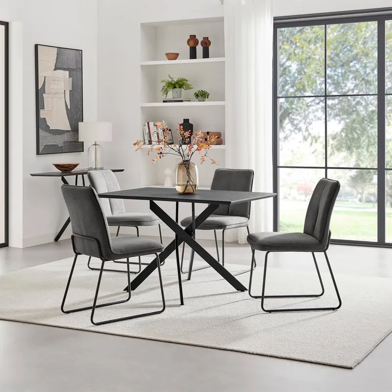 FurnitureboxUK Leonardo Black Top Dining Table & 4 Halley Dark Grey Fabric Chairs - Grey