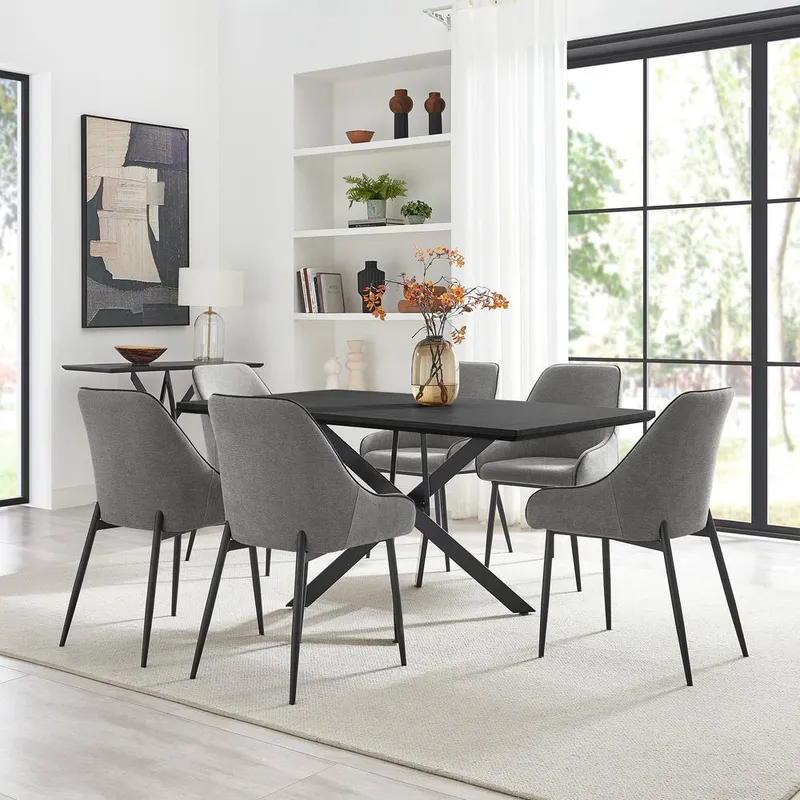 FurnitureboxUK Leonardo Black Top Dining Table & 6 Beaumont Fabric Chairs in Grey - Grey
