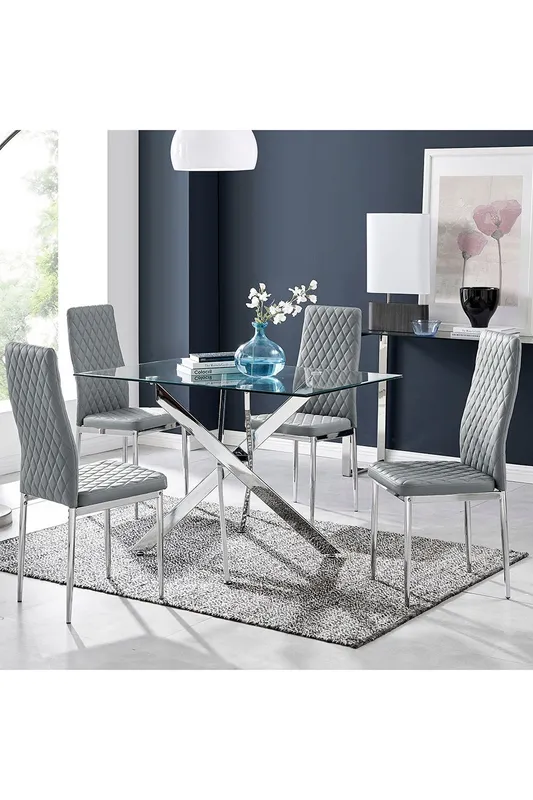 FurnitureboxUK Leonardo Glass & Chrome Metal Dining Table & 4 Milan Chairs Set in Grey - Grey
