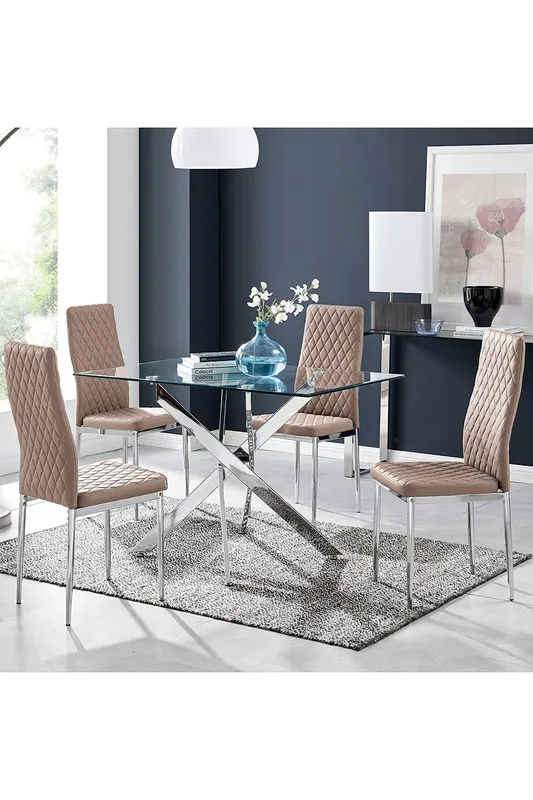 FurnitureboxUK Leonardo Glass & Chrome Metal Dining Table & 4 Milan Chairs Set in Beige Beige