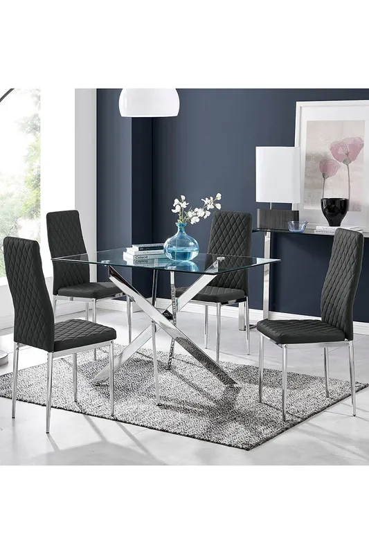 FurnitureboxUK Leonardo Glass & Chrome Metal Dining Table & 4 Milan Chairs Set in Black Black