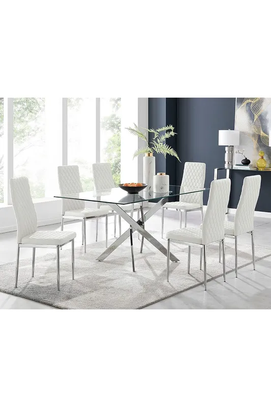 FurnitureboxUK Leonardo Glass & Chrome Metal Dining Table & 6 Milan Chairs Dining Set in White White