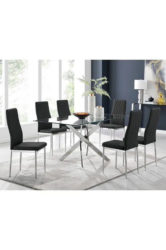 FurnitureboxUK Leonardo Glass & Chrome Metal Dining Table & 6 Milan Chairs Dining Set in Black - Black