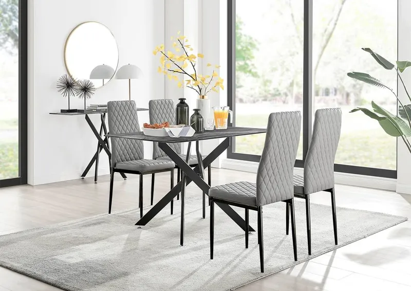FurnitureboxUK Leonardo Grey Glass Marble Effect Black Leg Table & 4 Milan Black Leg Chairs - Grey