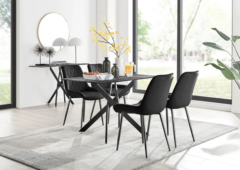 FurnitureboxUK Leonardo Grey Glass Marble Effect Black Leg Table & 4 Pesaro Black Leg Chairs Black