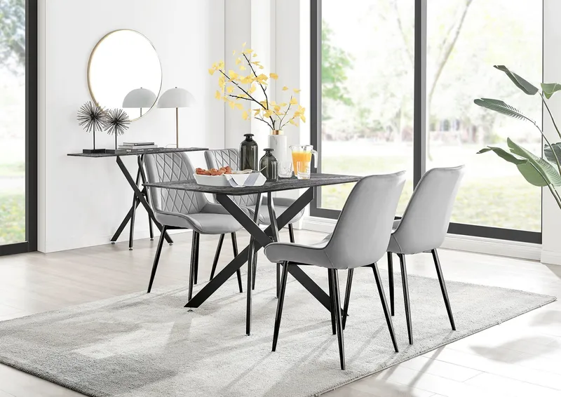 FurnitureboxUK Leonardo Grey Glass Marble Effect Black Leg Table & 4 Pesaro Black Leg Chairs - Grey