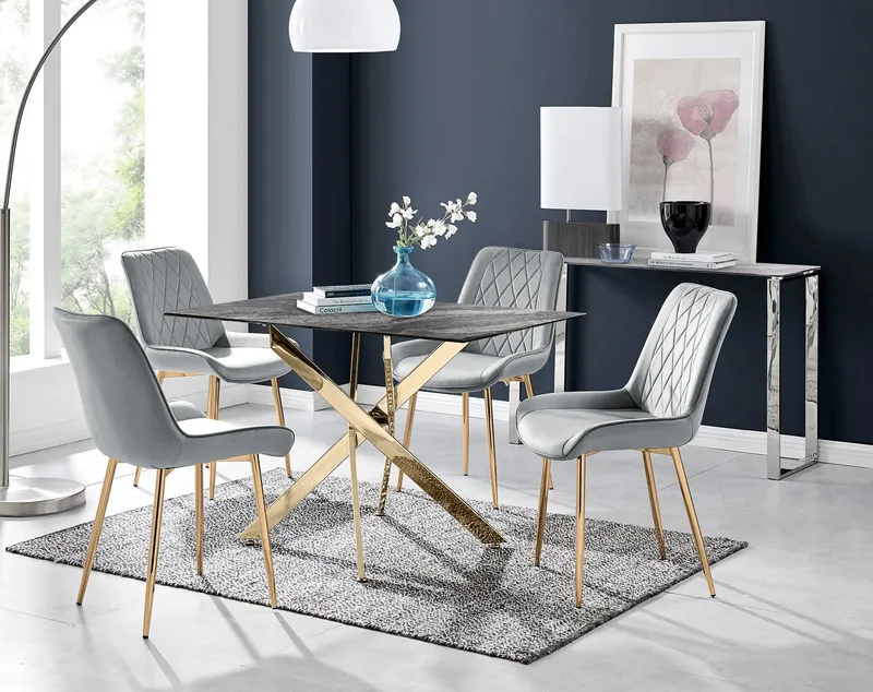 FurnitureboxUK Leonardo Grey Glass Marble Effect Gold Leg Table & 4 Pesaro Gold Leg Chairs Grey