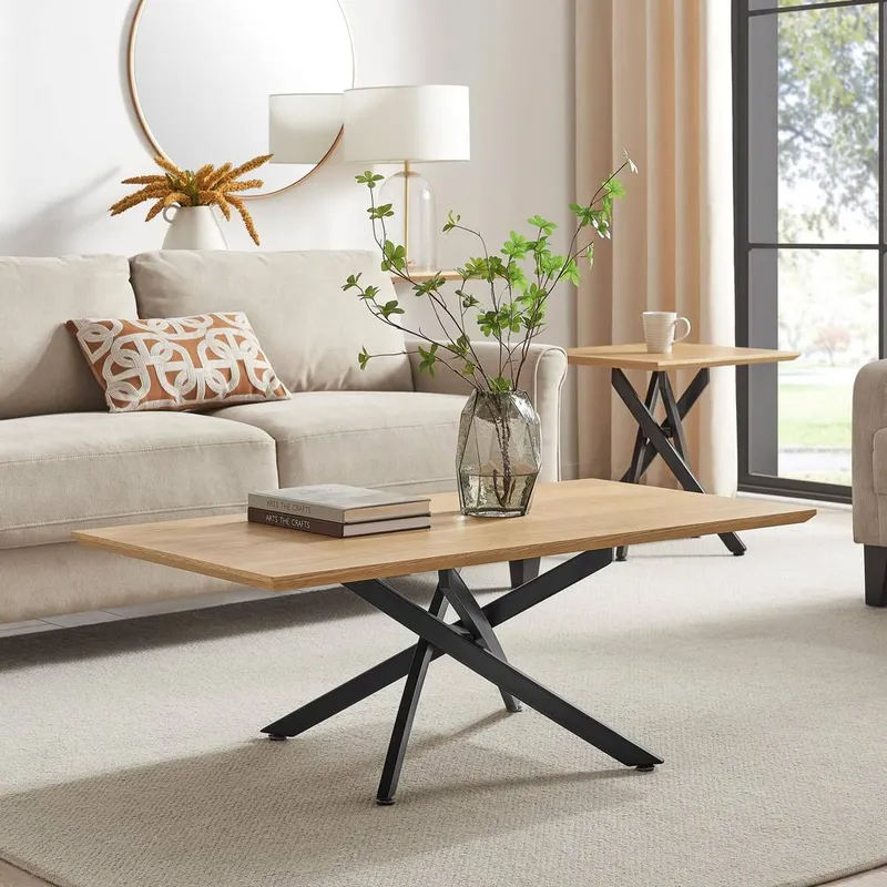 FurnitureboxUK Leonardo Rectangular Oak Veneer & Black Coffee Table in Light Brown Light Brown