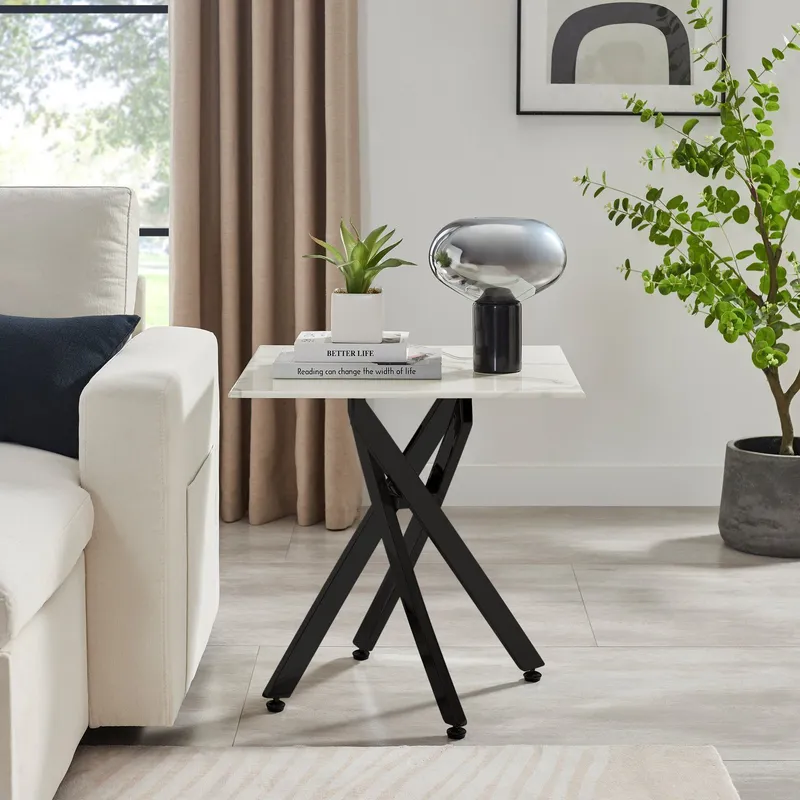 FurnitureboxUK Leonardo Square Marble Effect Glass Top Side Table With Black Metal Starburst Legs in White White