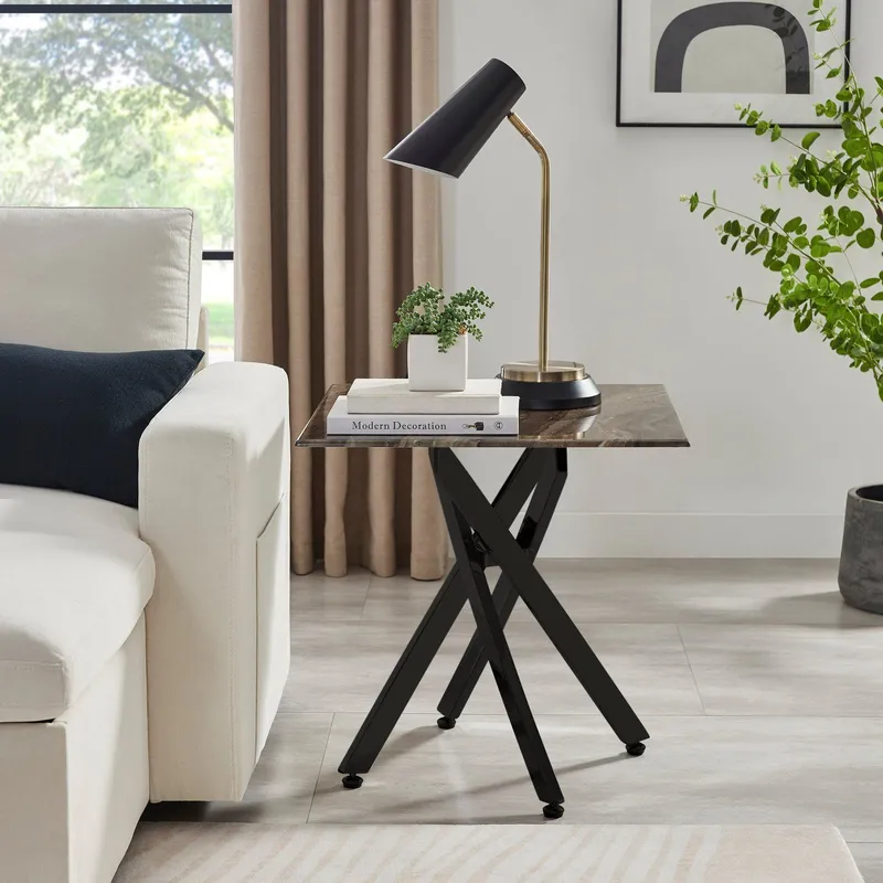 FurnitureboxUK Leonardo Square Marble Effect Glass Top Side Table With Black Metal Starburst Legs in Grey Grey