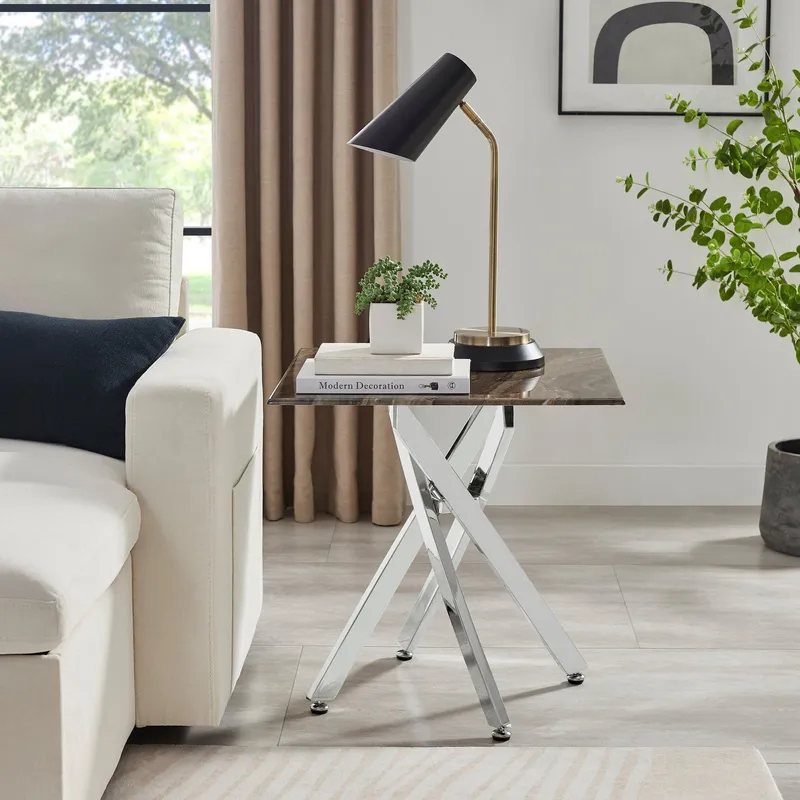 FurnitureboxUK Leonardo Square Marble Effect Glass Top Side Table With Silver Metal Starburst Legs in Grey Grey
