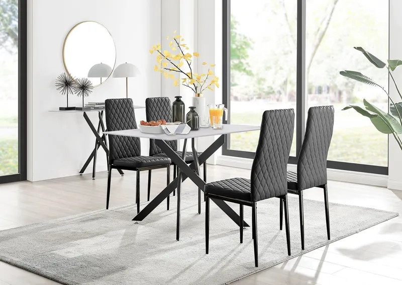 FurnitureboxUK Leonardo White Glass Marble Effect Black Leg Table & 4 Milan Black Leg Chairs Black