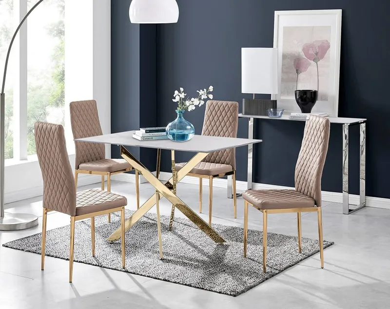FurnitureboxUK Leonardo White Glass Marble Effect Gold Leg Table & 4 Milan Gold Leg Chairs in Beige Beige