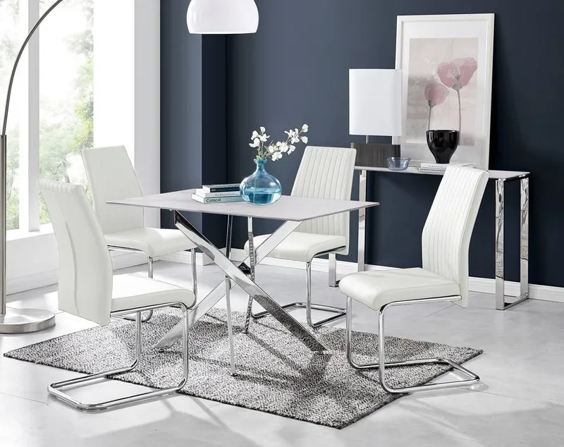 FurnitureboxUK Leonardo White Glass Marble Effect Silver Leg Table & 4 Lorenzo Chairs White