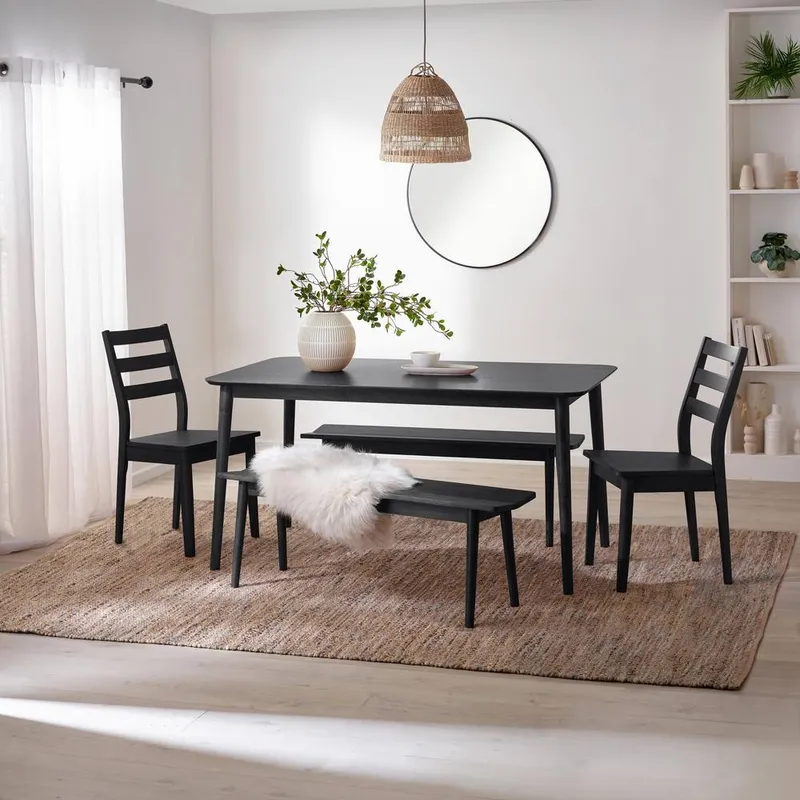 FurnitureboxUK Lynton Large Black Wooden Dining Table with 2 Benches & 2 Chairs Black