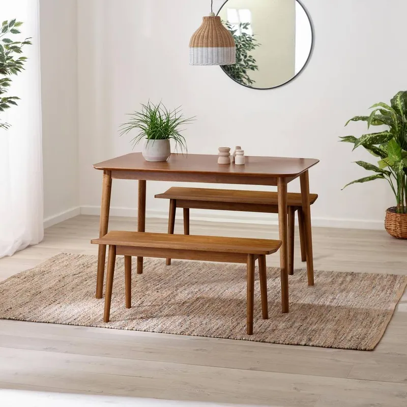 FurnitureboxUK Lynton Small Wooden Dining Table & 2 Benches in Walnut Walnut