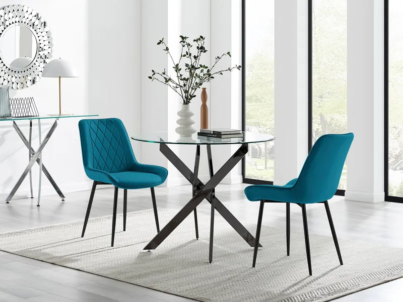 FurnitureboxUK Novara 100cm Round Black Leg Dining Table & 2 Pesaro Black Leg Chairs in Blue Blue