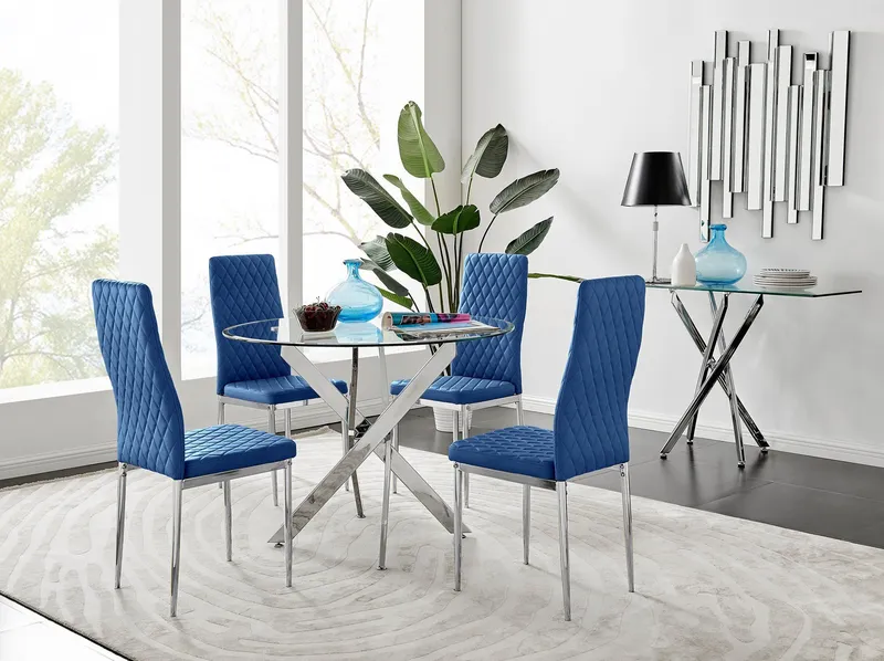 FurnitureboxUK Novara 100cm Round Dining Table & 4 Velvet Milan Chairs in Navy Navy