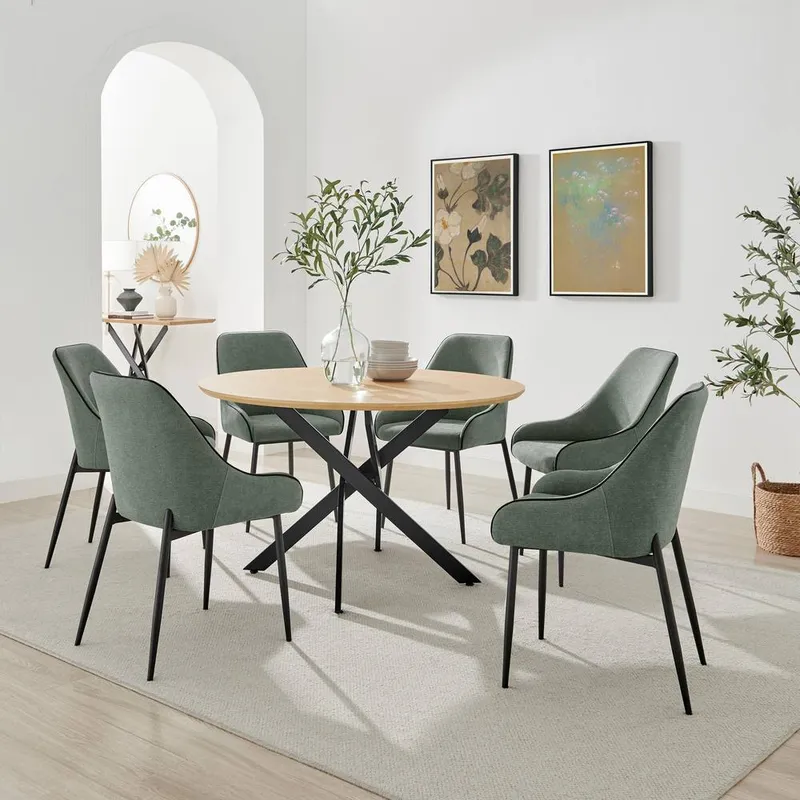 FurnitureboxUK Novara 120cm Oak Effect Dining Table & 6 Beaumont Green Fabric Chairs - Green