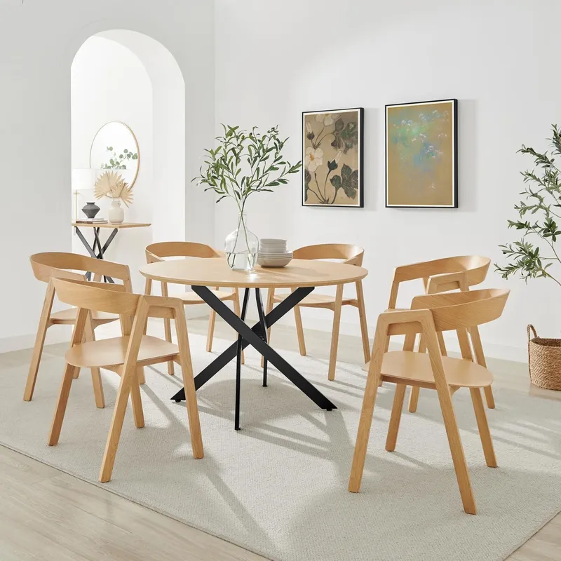 FurnitureboxUK Novara 120cm Oak Veneer Top Round Dining Table & 6 Oak Masa Chairs in Brown Brown
