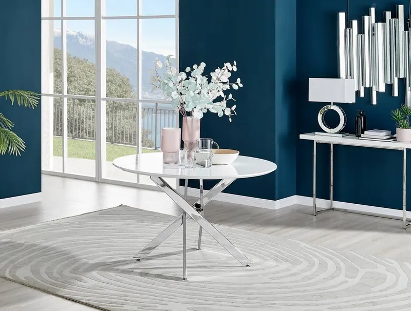 FurnitureboxUK Unisex Novara 120cm Round 6-Seater Dining Table w/ Silver Chrome Legs in White White One Size female