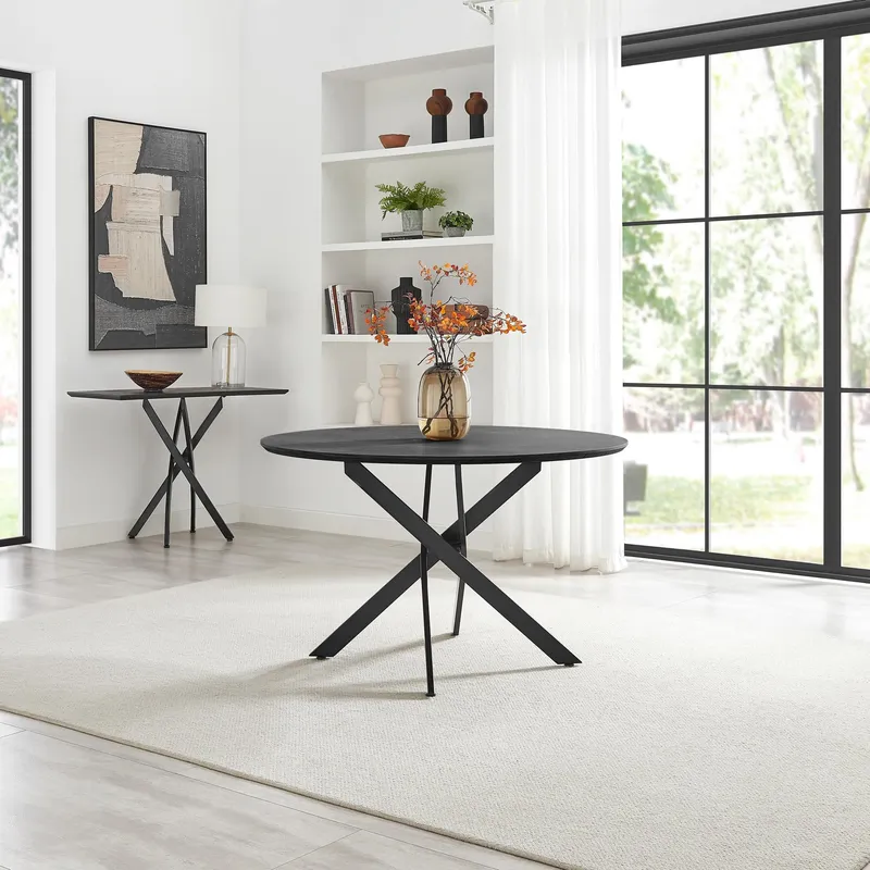 FurnitureboxUK Novara Round Black Wood & Metal 6 Seater Dining Table - Black