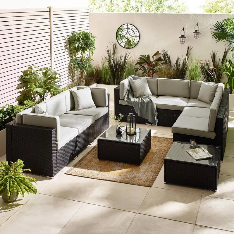 FurnitureboxUK Orlando 8 Seat Modular Outdoor Garden Rattan Sofa in Black Black
