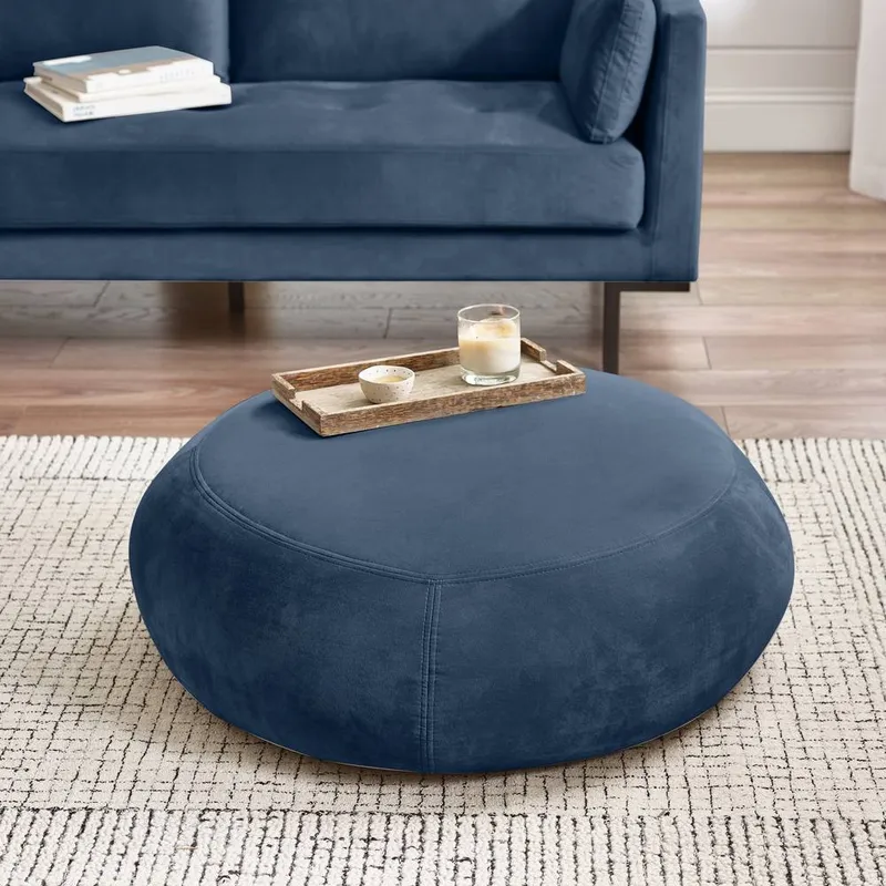 FurnitureboxUK Otis Round Soft-Touch Velvet Footstool in Navy - Navy - Size: One Size